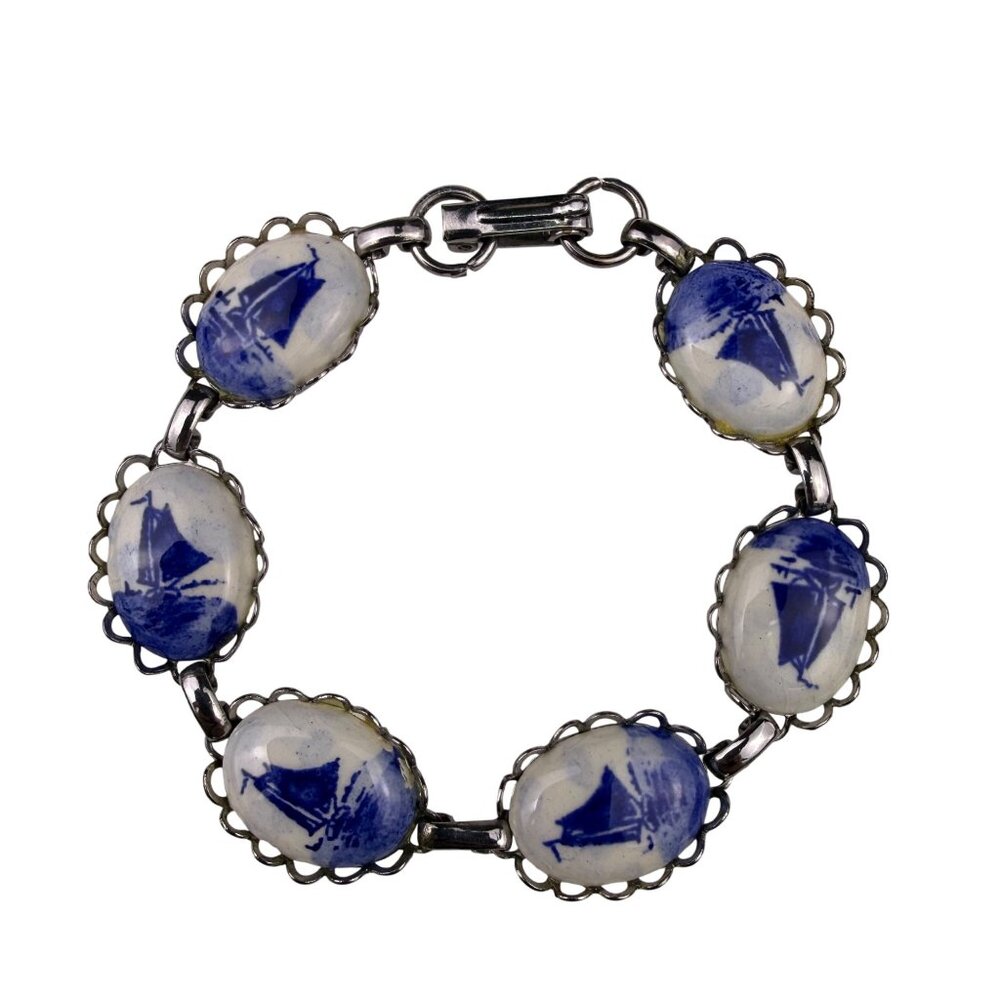Delft Blue Womens Silver Tone Ceramic Bracelet Hand-Painted Oval Design image 2